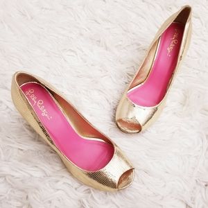 Lilly Pulitzer Gold Peep Toe Wedge Heels
